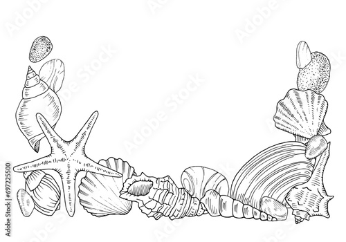 Sea bottom Frame border. Vector outline illustration of seashell and starfish. Hand drawn linear drawing on isolated background. Black contour line art of nautical greeting card template
