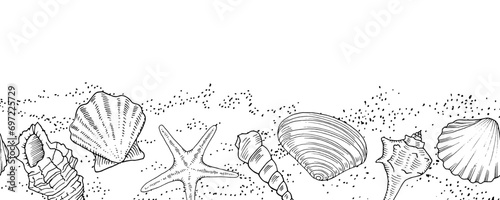 Sea Bottom seamless border. Vector outline illustration of Seashells on the sand. Hand drawn pattern of beach shore. Linear drawing on isolated white background. Black contour line art of coast