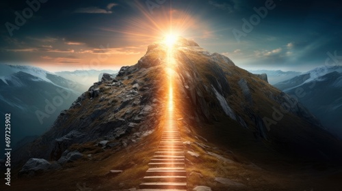Path to success concept with glowing light path going up the mountain photo
