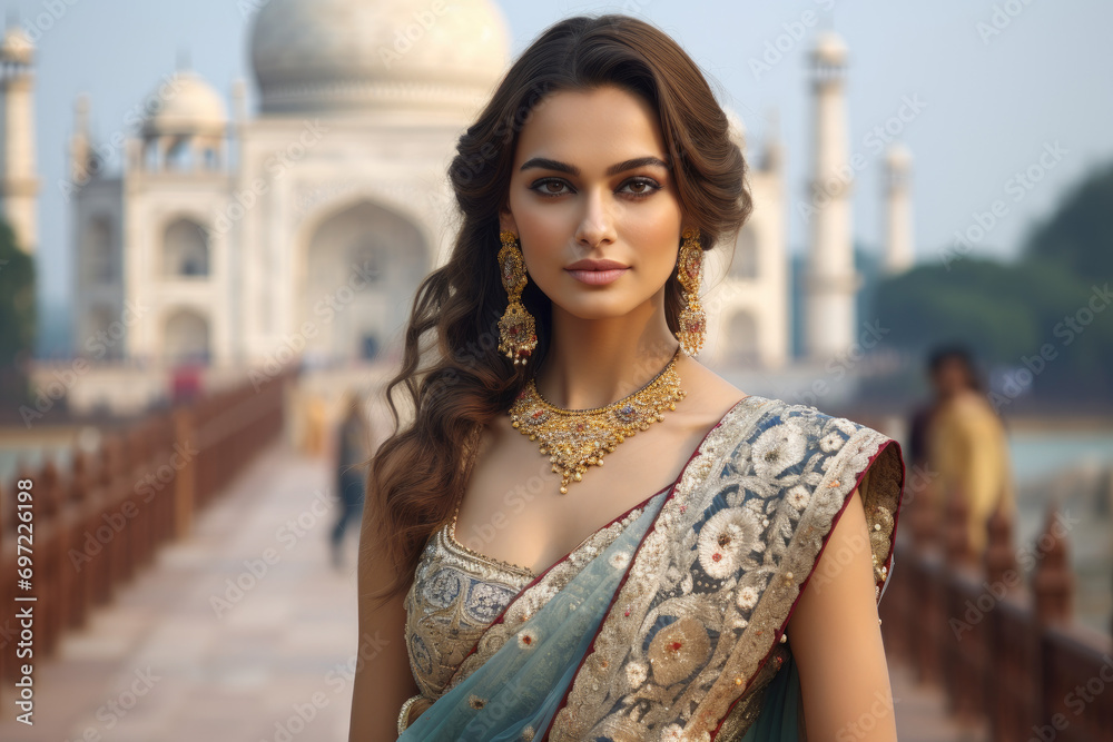 Beautiful Indian girl in saree and jewelry in Front of Taj Mahal