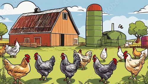 A cartoon farm with chickens and a barn