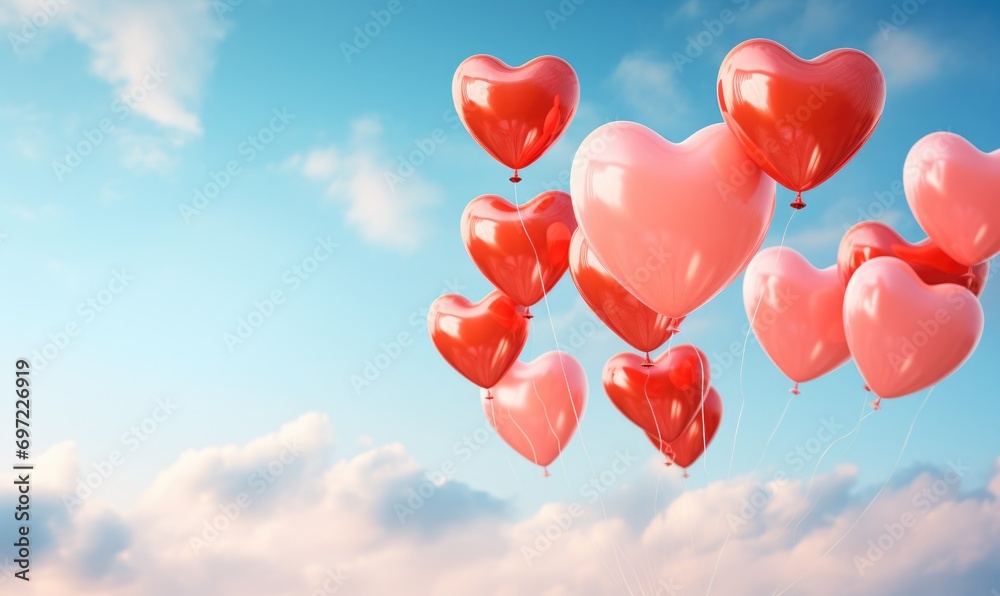 Red balloons in the blue sky. Horizontal banner. Valentine's day background with heart-shaped balloons in bright blue sky.