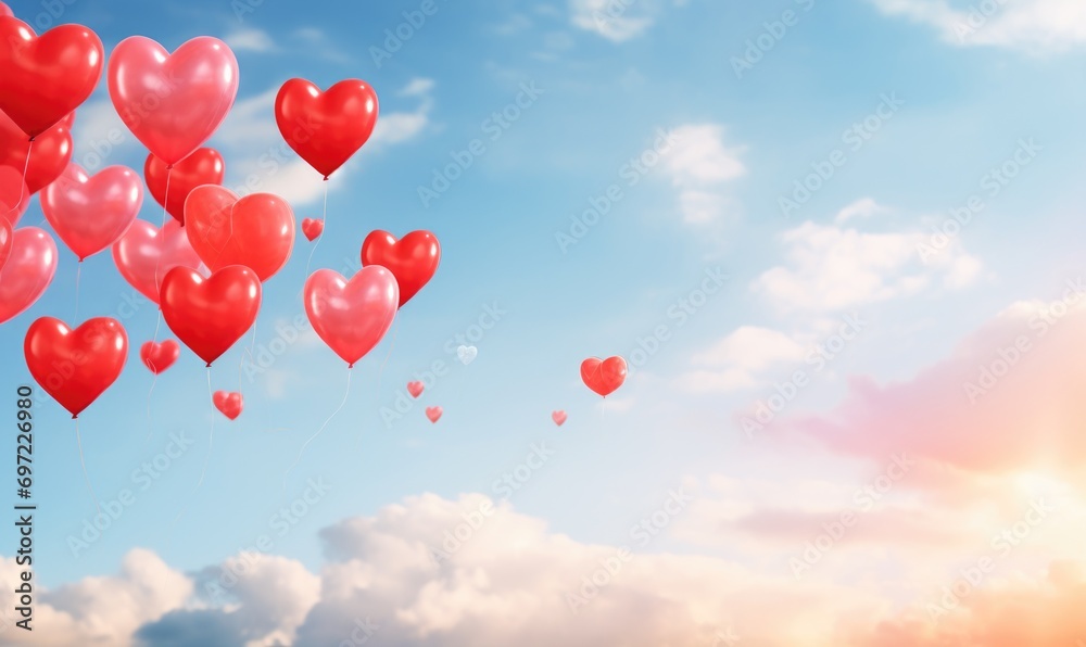 Red balloons in the blue sky. Horizontal banner. Valentine's day background with heart-shaped balloons in bright blue sky.