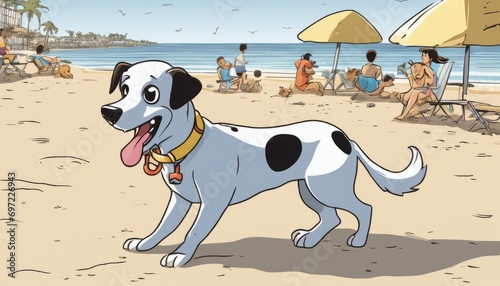 A Dalmatian dog on a beach with people and umbrellas