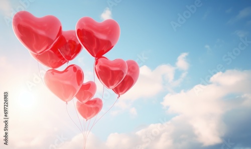 Red balloons in the blue sky. Horizontal banner. Valentine s day background with heart-shaped balloons in bright blue sky.