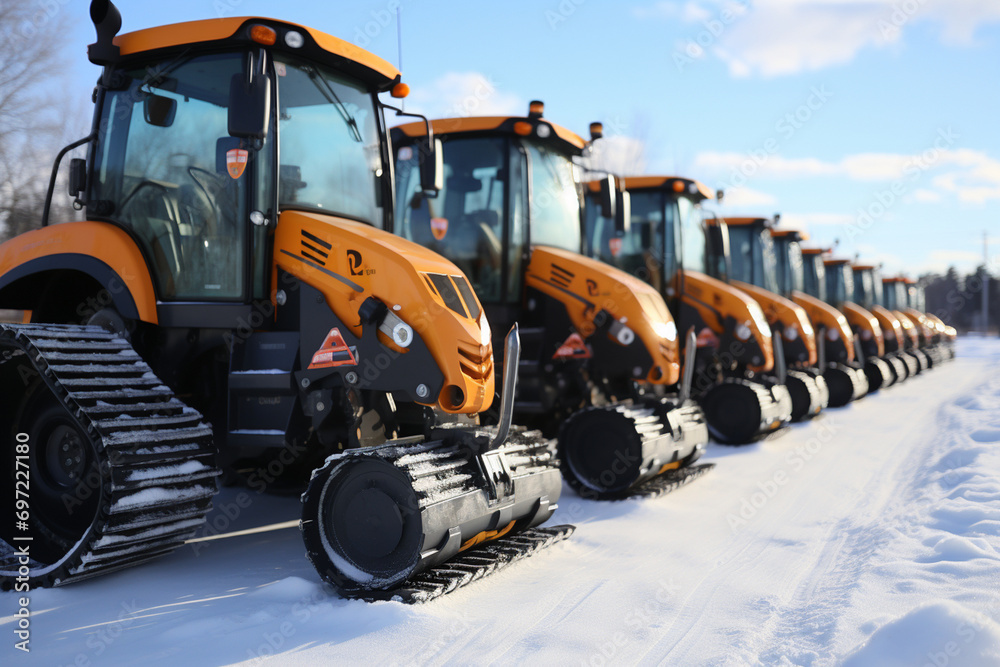 fleet of snowplows lined up, ready to tackle winter weather challenges.