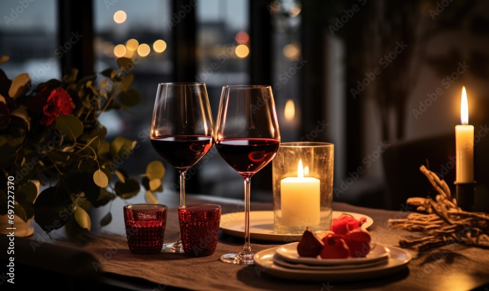 Valentine's day greeting card. Two glasses of wine, two hearts and candles on a background of bokeh