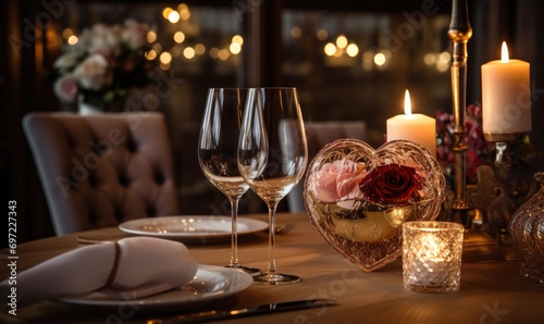 Valentine's day greeting card. Two glasses of wine, two hearts and candles on a background of bokeh