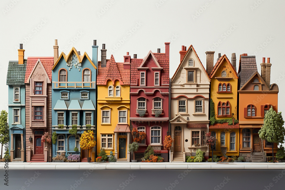 Traditional victorian old English houses in a small town. Row of elegant english houses. Colorful flat in England. English countryside homes old building. Illustration style