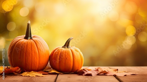 Pumpkin on a sunny fall autumn background with some leaves