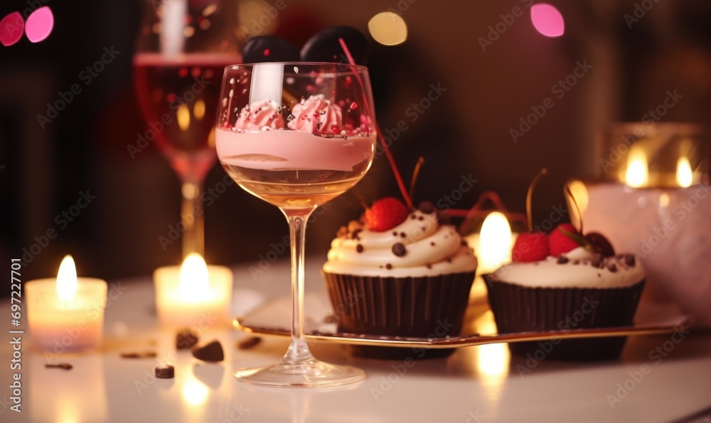 Glasses with delicious tiramisu dessert and burning candles on blurred background
