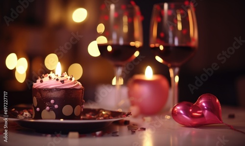 Glasses of wine and delicious cupcakes on table, closeup