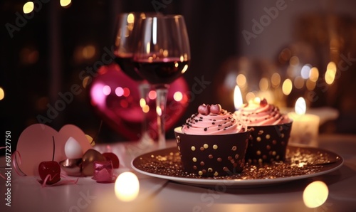 Two glasses of red wine and delicious chocolate cupcakes on table against blurred lights