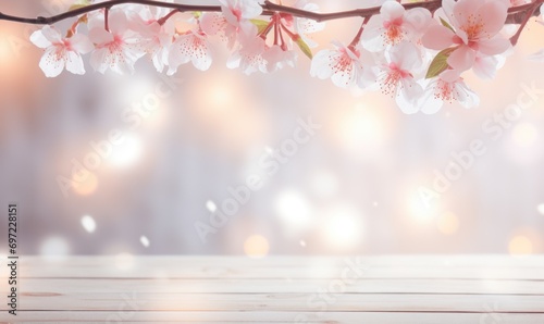 Wooden table with pink peach blossom flowers over blurred background. © TheoTheWizard