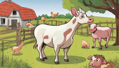 A cow and two pigs in a farm