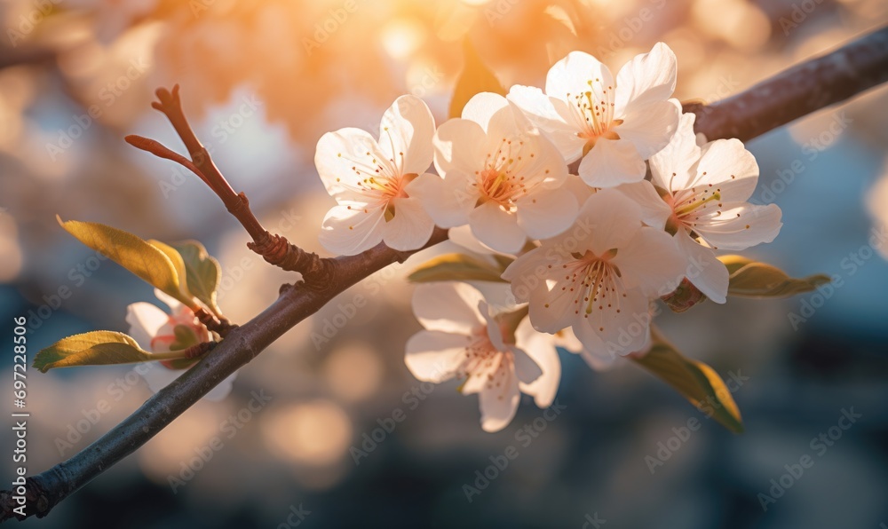 Blossoming branch of peach in the rays of the setting sun Blossoming branch of peach in the rays of the setting sun