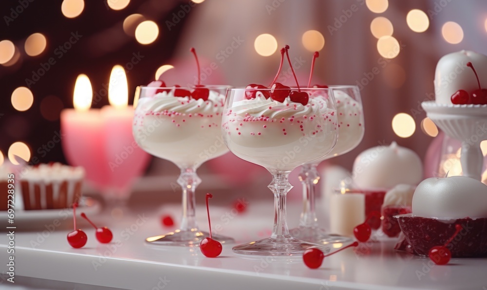 Delicious cherry desserts with candles on table in room decorated for birthday party Delicious cherry desserts with candles on table in room decorated for birthday party