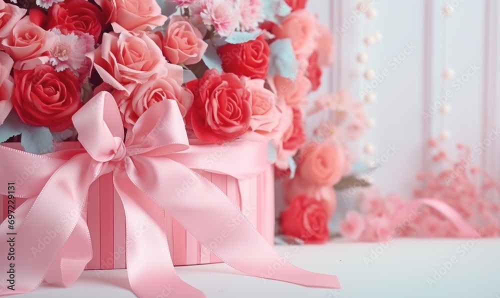 Roses and ribbons on wooden table, valentines day background Roses and ribbons on wooden table, valentines day background