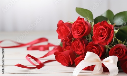 Bouquet of red roses on white wooden background with copy space