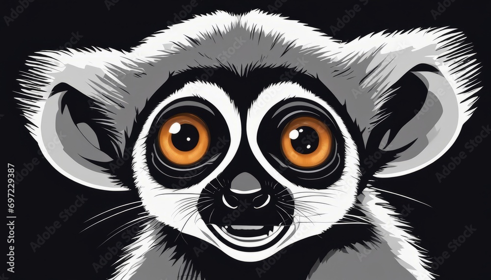A black and white cartoon of a lemur with big eyes A black and white cartoon of a lemur with big eyes