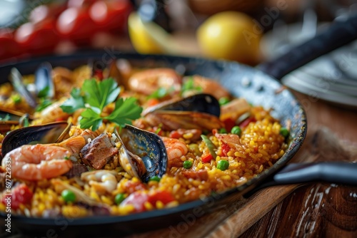 Paella Valenciana: Dive into a Culinary Extravaganza with this Iconic Spanish Dish, a Symphony of Flavors Uniting Seafood, Chicken, Chorizo, and the Aromatic Magic of Saffron.