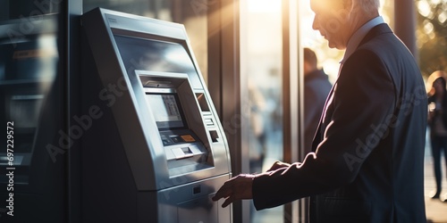 Professional man using ATM for financial transactions. Banking and technology.