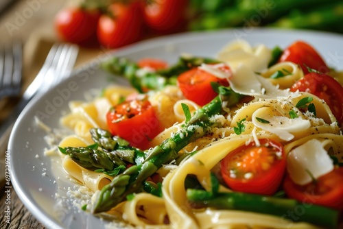 Celebrating Spring's Bounty: Pasta Primavera with Asparagus and Cherry Tomatoes, a Mediterranean Delight Featuring a Colorful Array of Fresh Vegetables, Linguine, and Artistic Flair on Every Plate