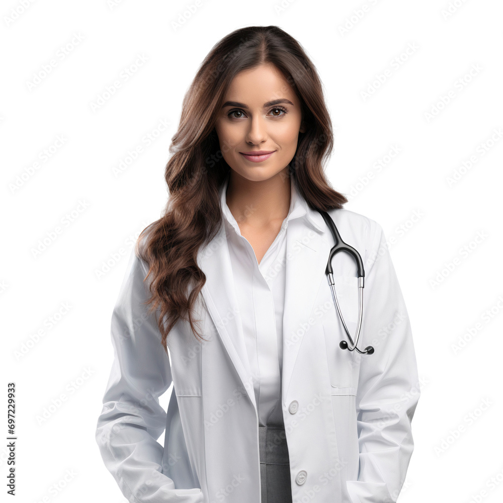 Portrait of a female doctor wearing lab coat and stethoscope, isolated on white background Portrait of a female doctor wearing lab coat and stethoscope, isolated on white background
