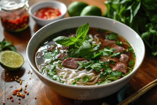 "Savoring Tranquility: A Captivating Photograph of Pho Bo, the Fragrant and Comforting Vietnamese Beef Noodle Soup, Showcasing Culinary Artistry and the Soul-Warming Elegance of Asian Cuisine
