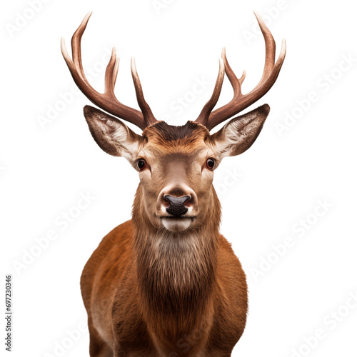 Close-up portrait of a deer head with horns, isolated on white background © The Stock Guy