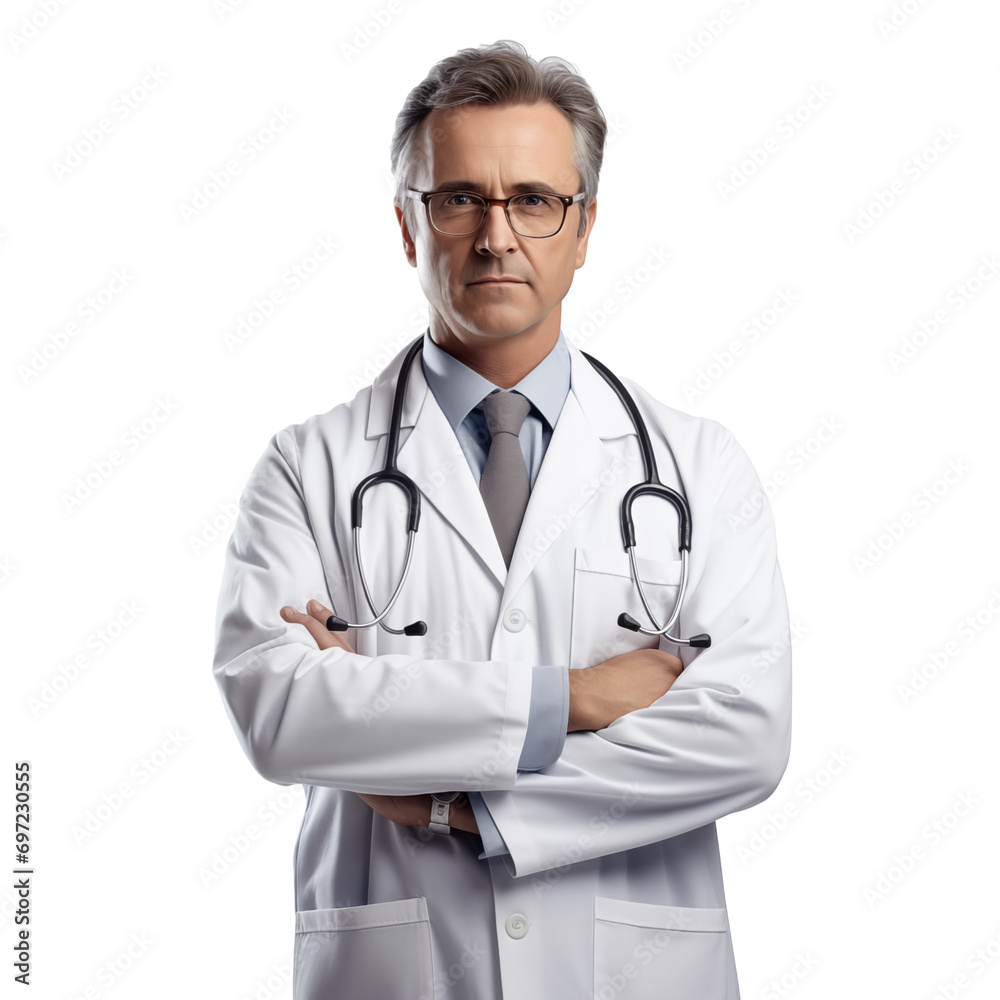 Portrait of a mature doctor wearing lab coat and stethoscope, isolated on transparent background Portrait of a mature doctor wearing lab coat and stethoscope, isolated on transparent background
