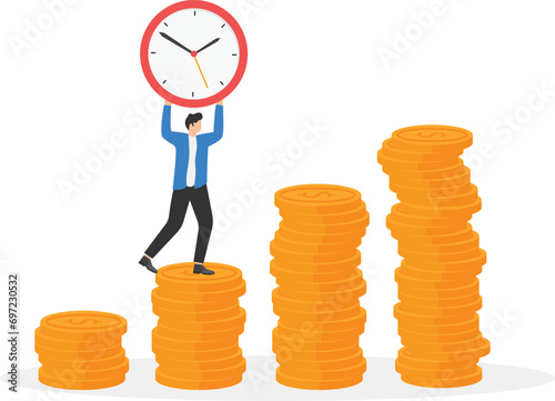 Time is money, long term investment return, retirement pension fund concept, smart businessman investor putting time pieces, clock,


