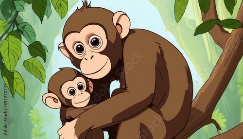 A cartoon of a monkey holding a baby monkey