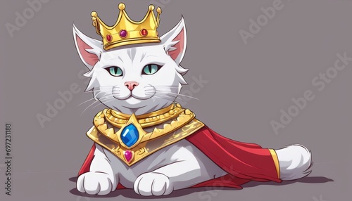 A white cat wearing a crown and cape