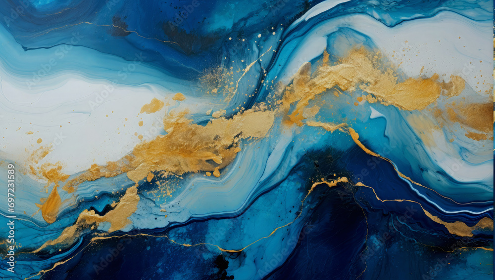 Abstract blue golden shiny veins and liquid marble texture, fluid art ...