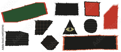 Set trendy Torn paper sheets with sharp edges isolated transparent background. Black Ripped papper pieces collection on white. Vector illustration can used postcard and banner design. Masonic symbol