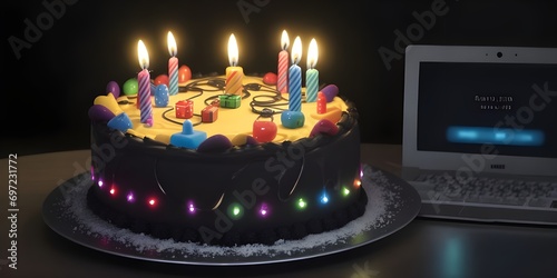 Computer design Birthday cake with candles on it, celebration decorative lights, with copy space, attractive blurred black background