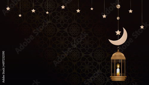 Islamic Background.Traditional islamic lantern,Crescent moon and Star hanging on black wall,Vector  Religion of Muslim Symbolic,Eid al fitr,Ramadan Kareem,Eid al Adha,Eid Mubarak,New Year Muharram