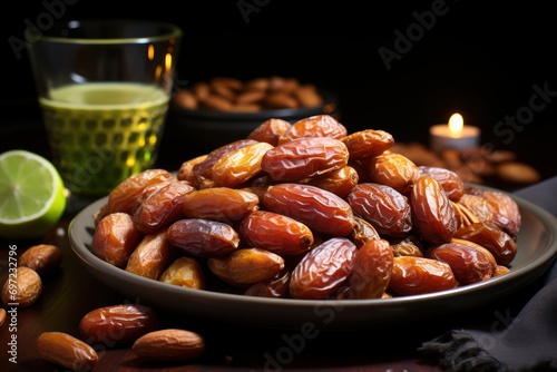 Minimalistic shot showcasing the natural beauty of a plate filled with dates, islamic images