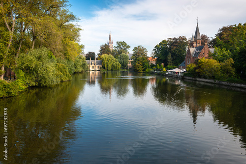 Bruges, Belgium, beautiful foreshortening of Minnewater Park (Lake of Love Park).