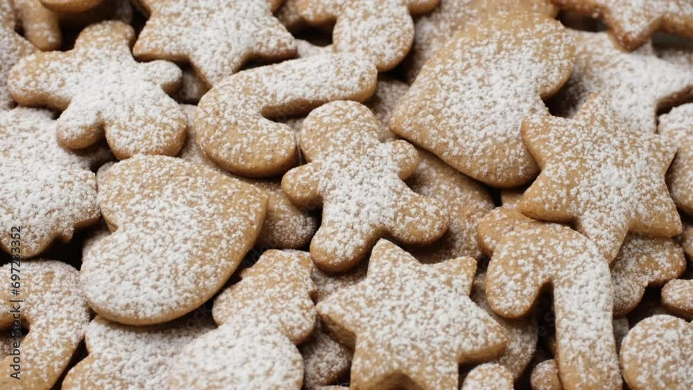 Christmas cookies with sugar powder. Gingerbread cookies close up, rotation Christmas cookies with sugar powder. Gingerbread cookies close up, rotation