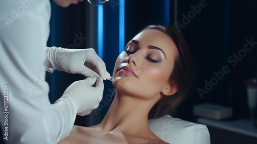 a professionally designed medical parlor, a young and attractive doctor skillfully administers an injection with a syringe photo
