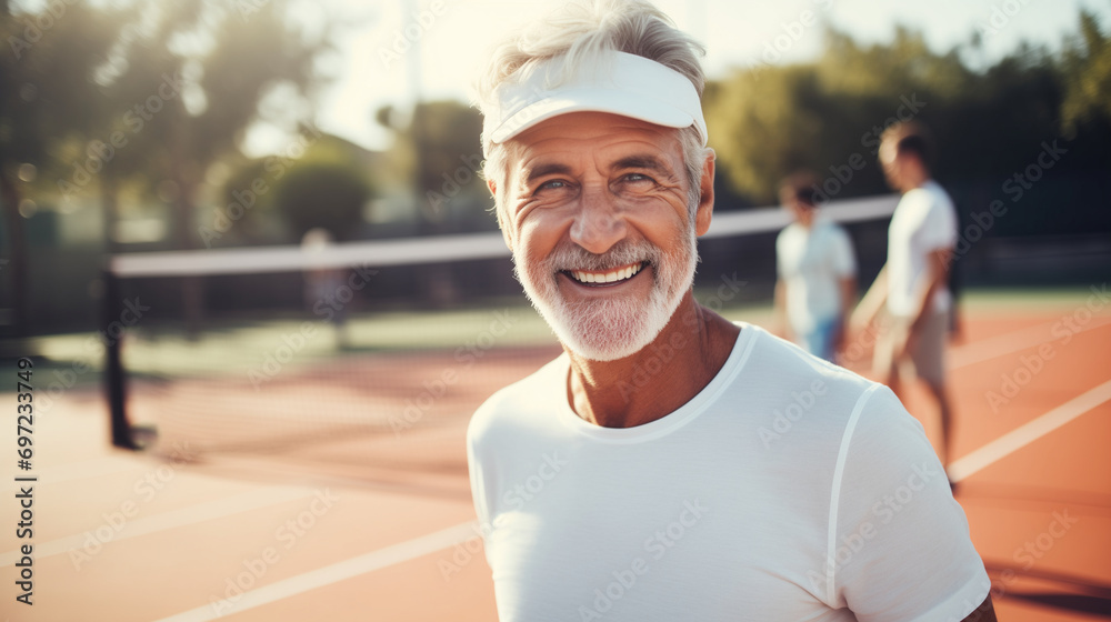 A mature male tennis player in action, close-up A mature male tennis player in action, close-up