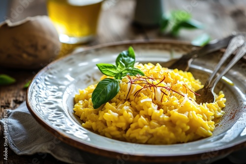 Culinary Opulence: Risotto alla Milanese, an Italian Culinary Masterpiece, Unveils Creamy Arborio Rice Infused with Saffron and Perfected with the Richness of Parmesan, Offering a Taste of Northern It