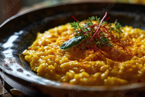 Culinary Opulence: Risotto alla Milanese, an Italian Culinary Masterpiece, Unveils Creamy Arborio Rice Infused with Saffron and Perfected with the Richness of Parmesan, Offering a Taste of Northern It