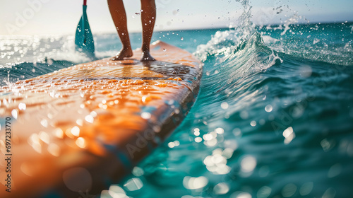 A beautiful woman gracefully glides on a stand-up paddleboard, enjoying the serenity of the water and the connection with nature as she navigates with elegance and poise photo