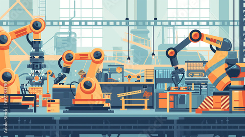 illustration of a ultra-modern factory that embodies the concept of Industry 4.0, showcasing the integration of advanced technologies to optimize efficiency, and sustainability © sandsun
