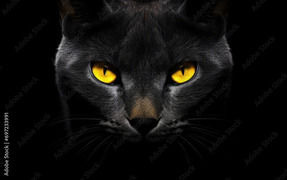The muzzle of a black cat with yellow eyes. The face of a cat.