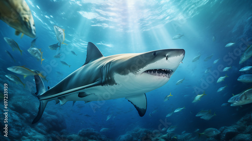 An aggressive shark  its jaws wide open in a close-up view  capturing the intensity and danger of this apex predator in the vast expanse of the sea