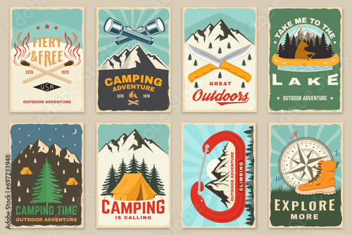 Set of camping retro posters. Outdoor adventure vector badge design. Vintage typography design with knives, camping flashlight, bear in canoe, matches stick, burning lighter, hiker, climbing ice-axe